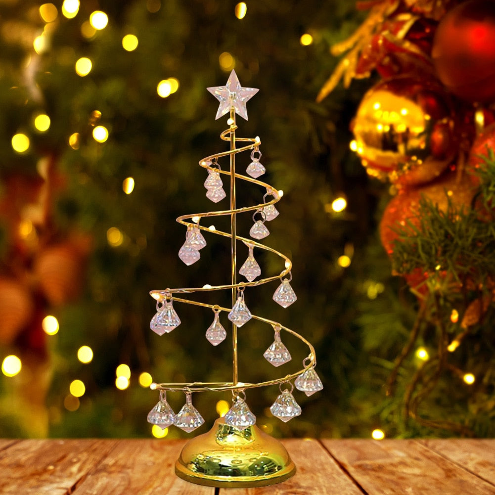 LED Spiral Crystal Light Battery Powered Wrought Iron Desk Lighting Party Supplies Crystal Tree Table Lamp Christmas Decorations