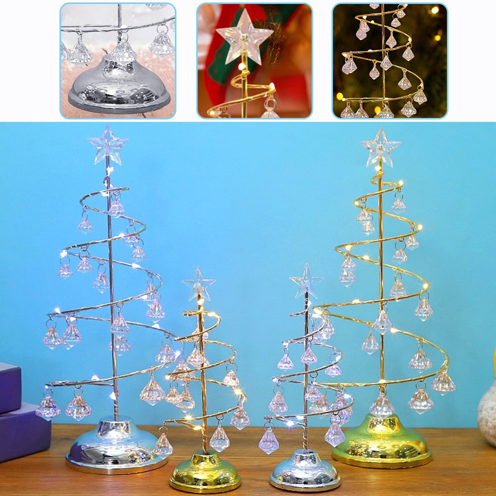 LED Spiral Crystal Light Battery Powered Wrought Iron Desk Lighting Party Supplies Crystal Tree Table Lamp Christmas Decorations