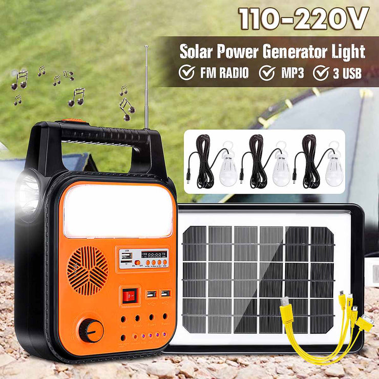 Solar Power Generator USB Charging Home System Storage Generator 110V-220V With 3 LED Bulbs FM Radio MP3 Functions Durable