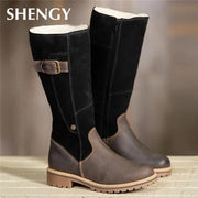 New Boots Women Leather Flock Winter Plush Warm Kneel High Boots Luxry Ladies Patchwork Flat Shoes Casual Female Snow Boots