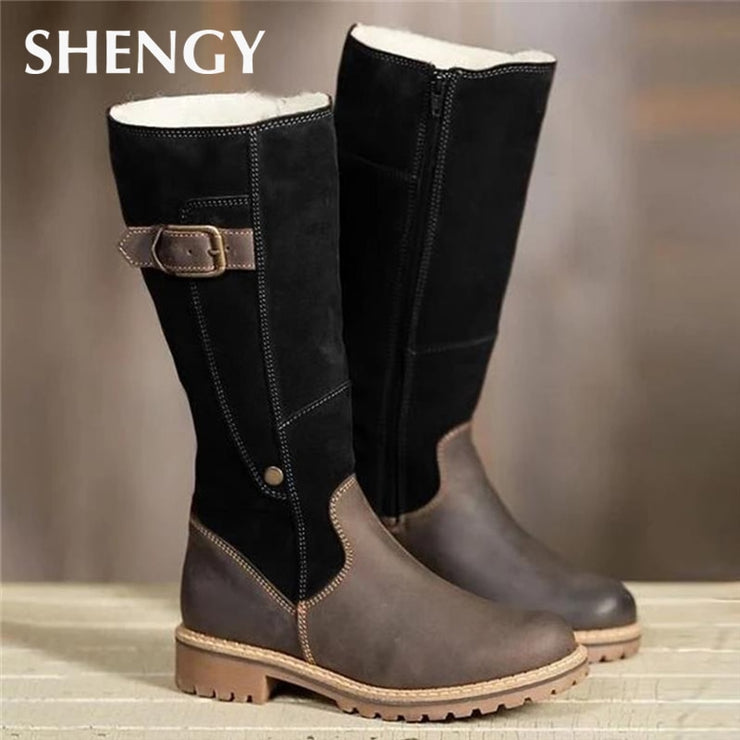 New Boots Women Leather Flock Winter Plush Warm Kneel High Boots Luxry Ladies Patchwork Flat Shoes Casual Female Snow Boots