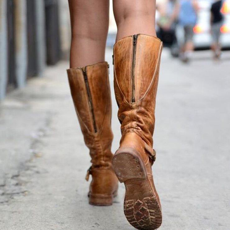 Botas Mujer Women Boots Knee High Pu Leather Vintage Flats Shoes Ladies Cross Tied Riding Long Boots Plus Size Booties Chaussure