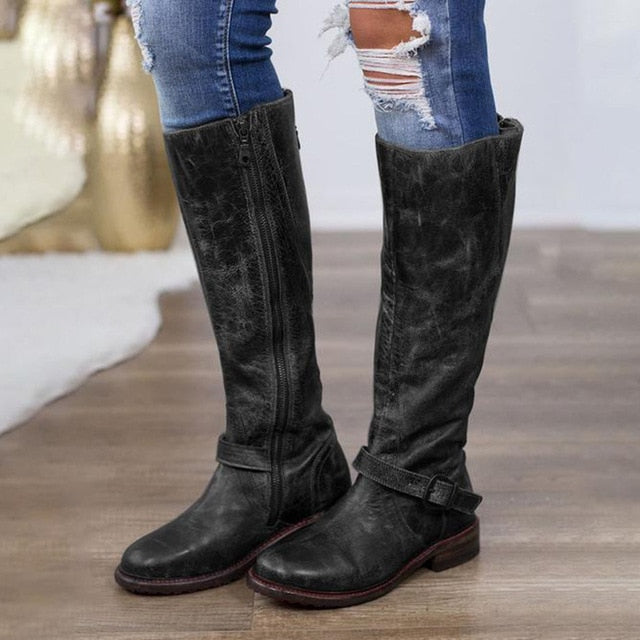 Botas Mujer Women Boots Knee High Pu Leather Vintage Flats Shoes Ladies Cross Tied Riding Long Boots Plus Size Booties Chaussure