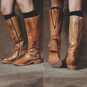 Botas Mujer Women Boots Knee High Pu Leather Vintage Flats Shoes Ladies Cross Tied Riding Long Boots Plus Size Booties Chaussure