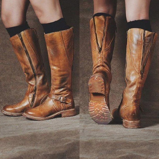 Botas Mujer Women Boots Knee High Pu Leather Vintage Flats Shoes Ladies Cross Tied Riding Long Boots Plus Size Booties Chaussure