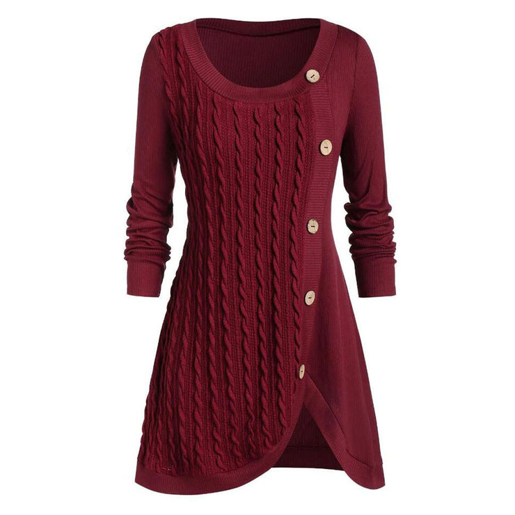 Women Sweater O-Neck Long Sleeve Solid Button Patchwork Asymmetrical Tops Sweater Plus Size Autumn Winter Tops Knitted #L35