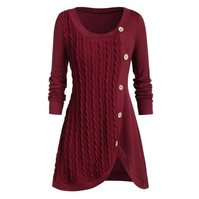 Women Sweater O-Neck Long Sleeve Solid Button Patchwork Asymmetrical Tops Sweater Plus Size Autumn Winter Tops Knitted #L35
