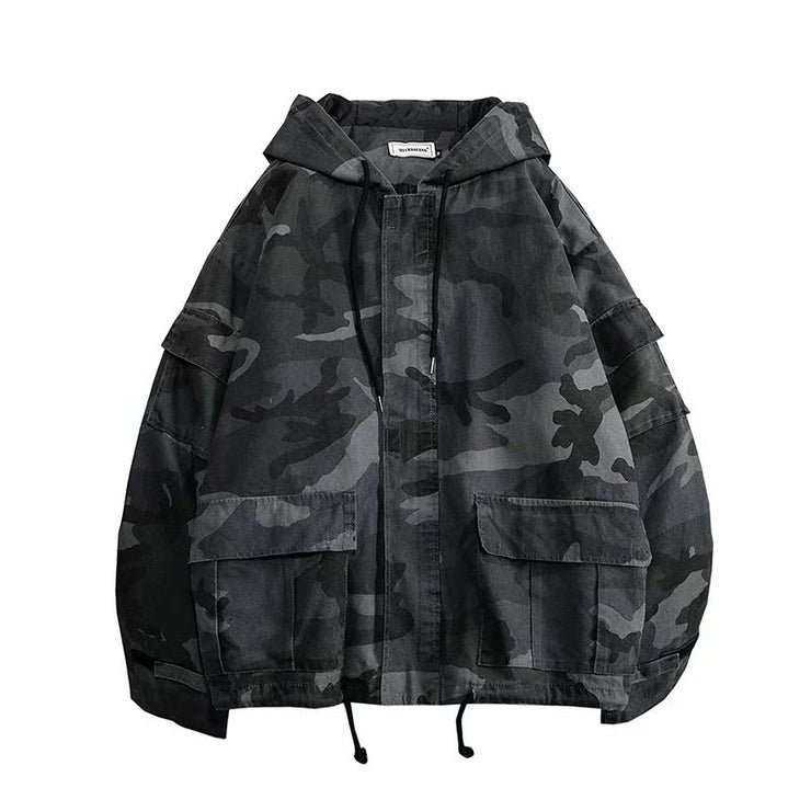 Spring and Autumn New gray Camouflage Hooded Jackets Men Army Green Windbreaker Casual Loose Coats
