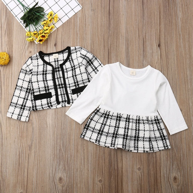 2Pcs Autumn Winter Party Kids Clothes For Baby Girl Fashion Pageant Plaid Coat Tutu Dress Outfits Suit Toddler Girl Clothing Set