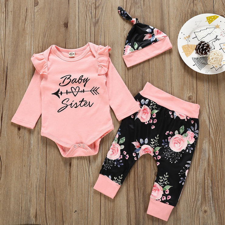 Autumn New Fashion Kid Toddler Infant Baby Boy Girl Pink Yellow Black White Letter Romper+Print Pants+Cap Outfits Set Z4