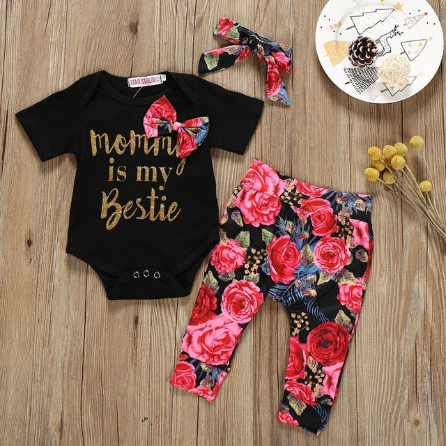 Autumn New Fashion Kid Toddler Infant Baby Boy Girl Pink Yellow Black White Letter Romper+Print Pants+Cap Outfits Set Z4