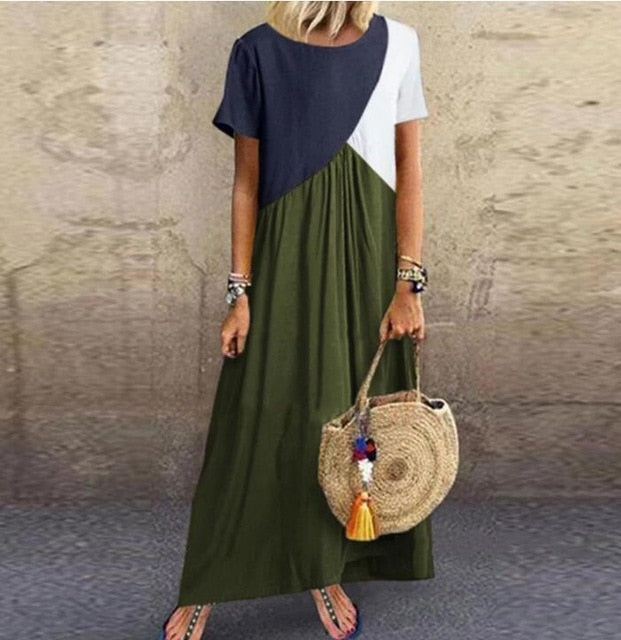 2020 Women Dresses Long maxi dresses for women vestidos casual dress Beach Patchwork Color Loose Casual Plus Size Dress
