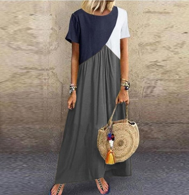 2020 Women Dresses Long maxi dresses for women vestidos casual dress Beach Patchwork Color Loose Casual Plus Size Dress
