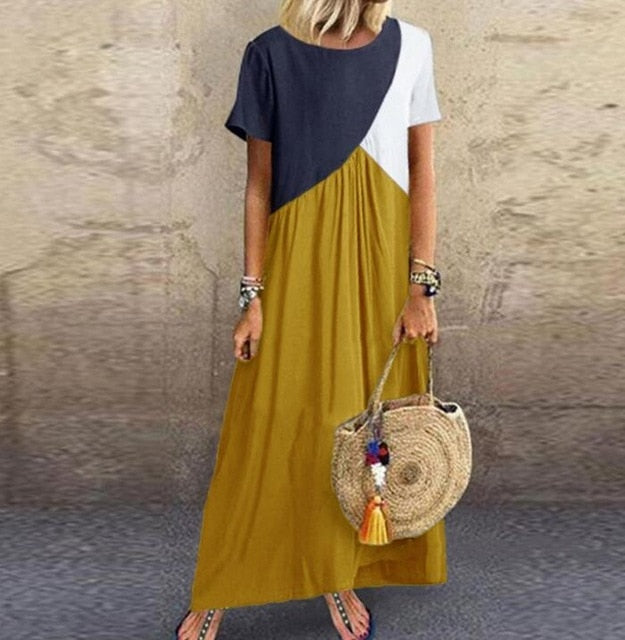 2020 Women Dresses Long maxi dresses for women vestidos casual dress Beach Patchwork Color Loose Casual Plus Size Dress