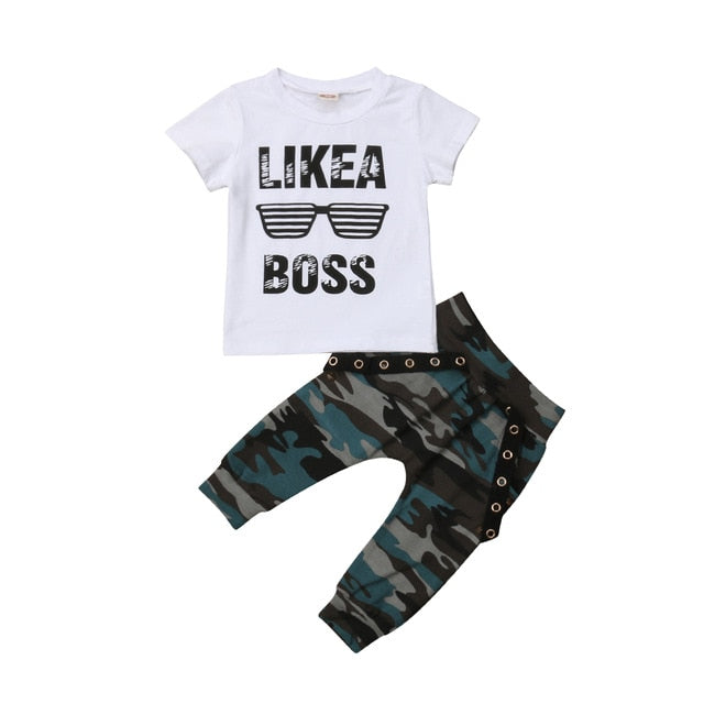 Baby Boys Clothes 2020 Hip Hop Short Sleeve Summer Toddler Infant Like A Boss Letter Tops T-shirt Camo Pants Outfits 2Pcs