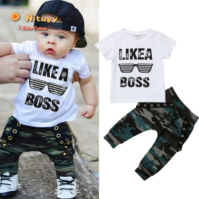 Baby Boys Clothes 2020 Hip Hop Short Sleeve Summer Toddler Infant Like A Boss Letter Tops T-shirt Camo Pants Outfits 2Pcs