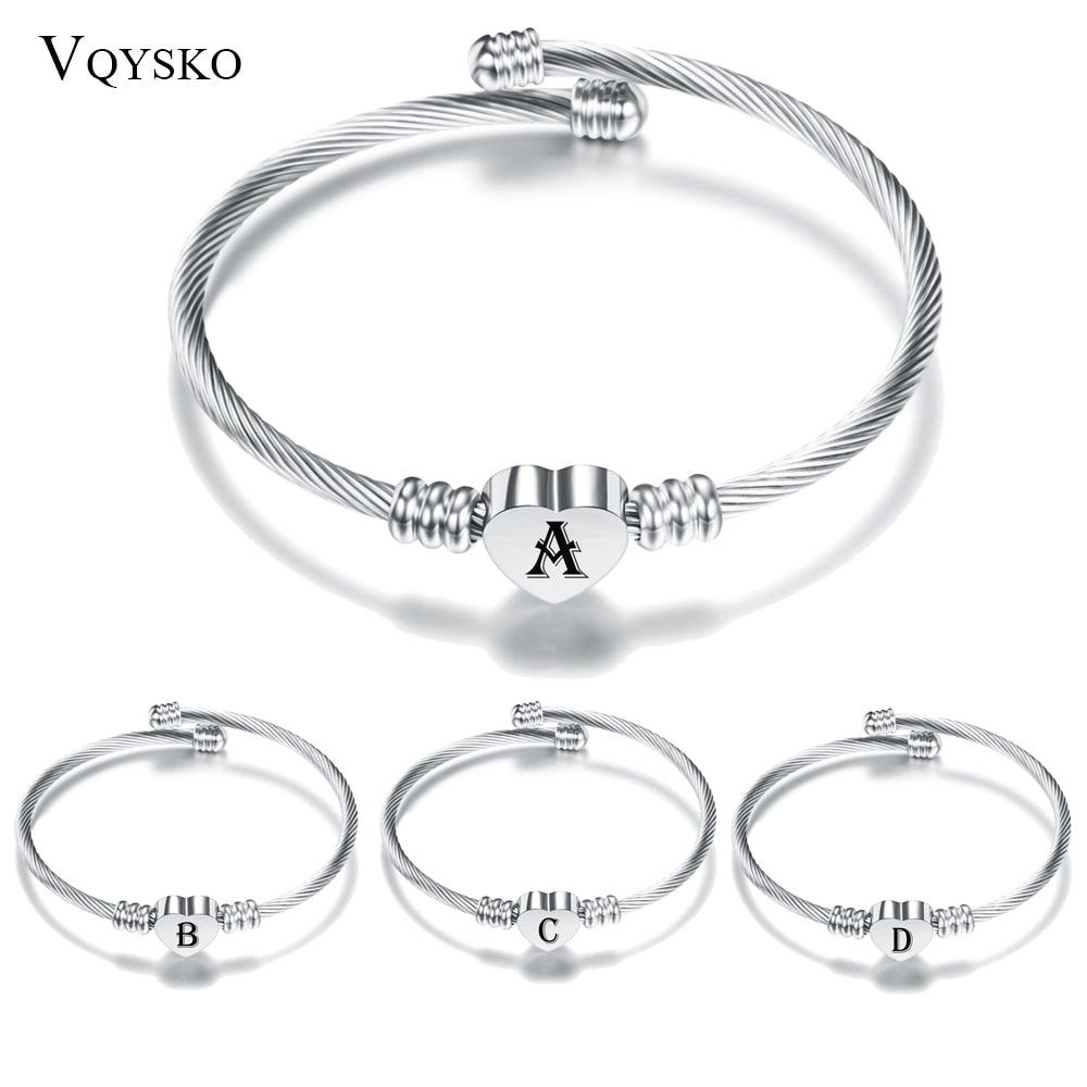 Initial Alphabet Heart Bracelets For Woman Customized Stainless Steel A-Z 26 Letter Cuff Jewelry Bracelet Bangles Silver Color