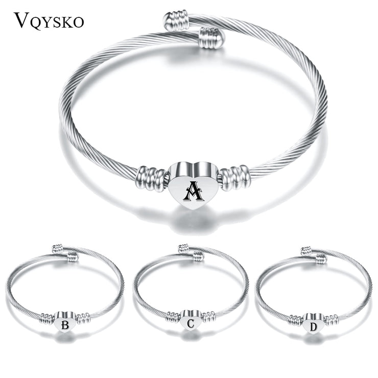 Initial Alphabet Heart Bracelets For Woman Customized Stainless Steel A-Z 26 Letter Cuff Jewelry Bracelet Bangles Silver Color