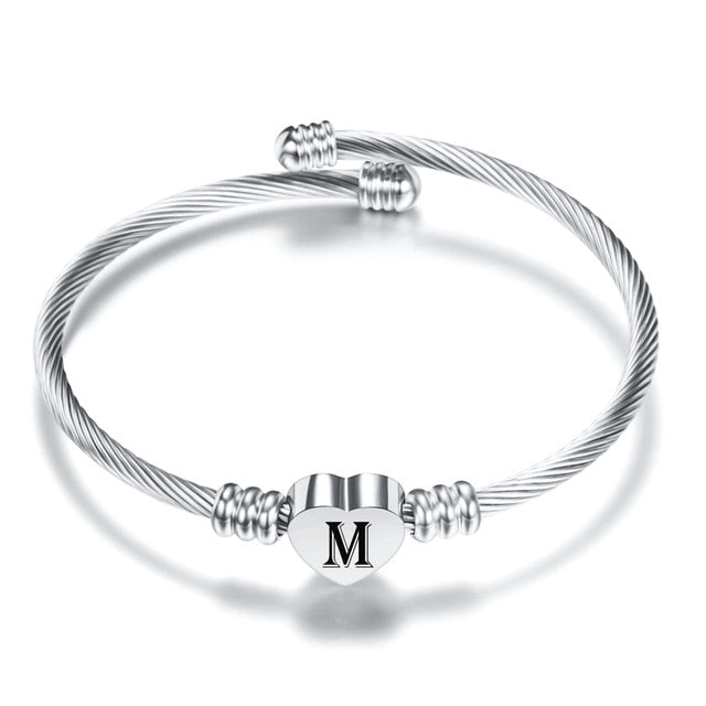 Initial Alphabet Heart Bracelets For Woman Customized Stainless Steel A-Z 26 Letter Cuff Jewelry Bracelet Bangles Silver Color