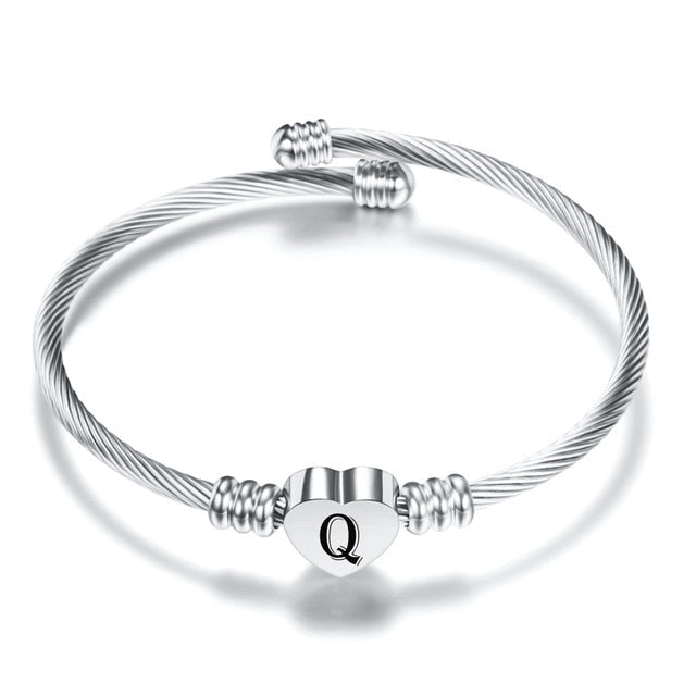 Initial Alphabet Heart Bracelets For Woman Customized Stainless Steel A-Z 26 Letter Cuff Jewelry Bracelet Bangles Silver Color
