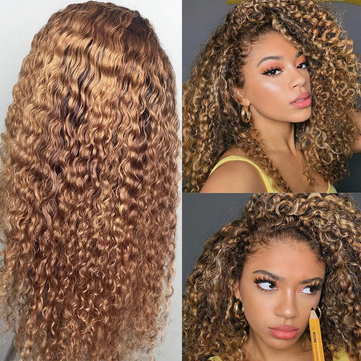 Curly Bob Lace Front Wigs Highlight Ombre Colored 13x6 Lace Front Human Hair Wigs For Women Honey Blonde 360 Lace Frontal Wig