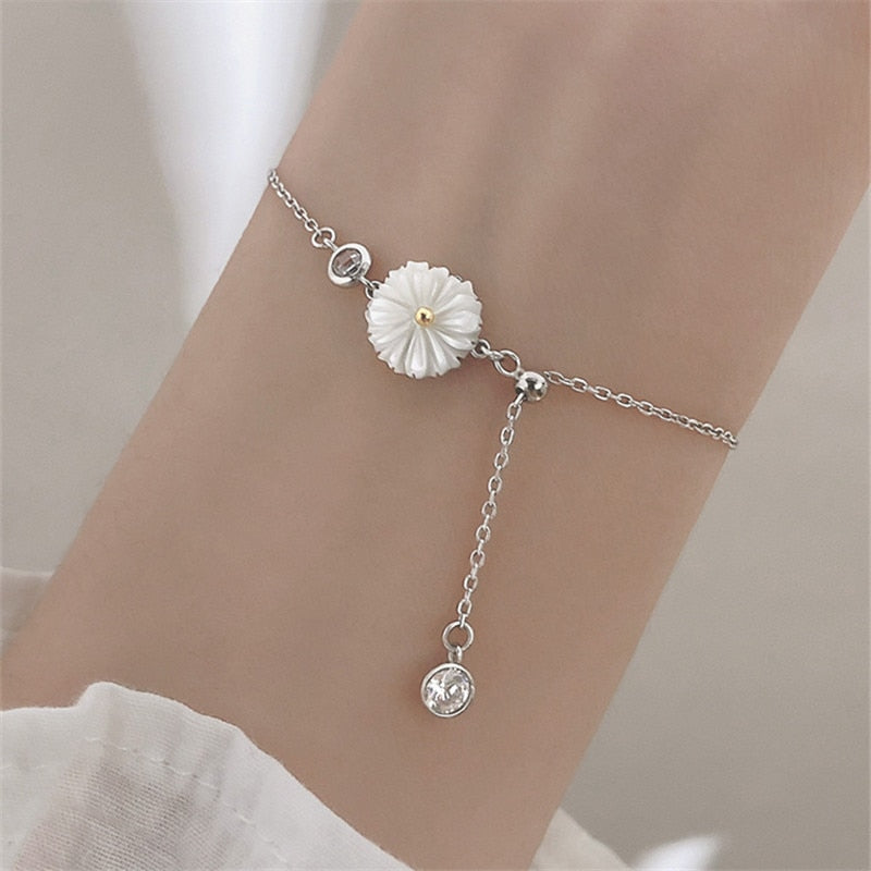 925 Sterling Silver Shell Daisy Crystal Round Charm Bracelet For Women Bracelet &Bangle Wedding Jewelry Party SL123