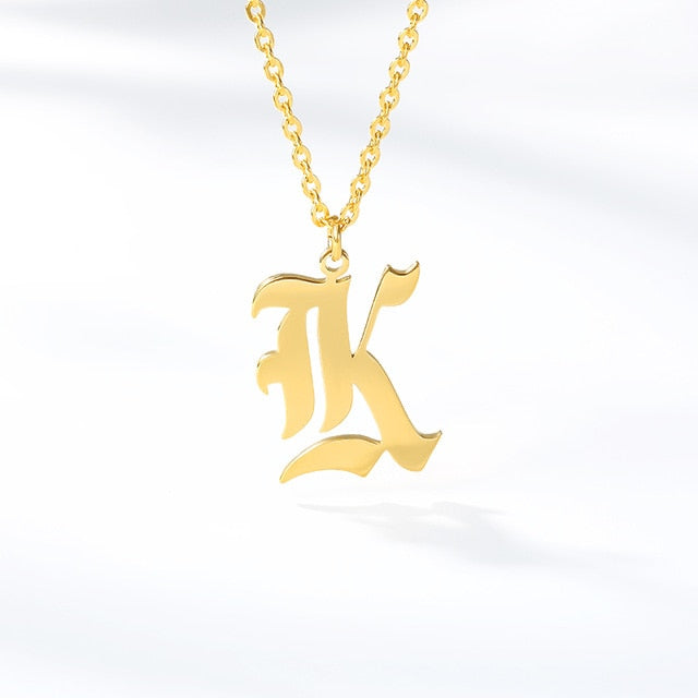 Initial Letter Necklace for Her A-Z Capital Letter Old English Chain Necklace Gold Stainless Steel Necklace for Women