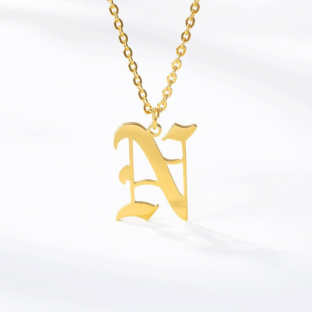 Initial Letter Necklace for Her A-Z Capital Letter Old English Chain Necklace Gold Stainless Steel Necklace for Women
