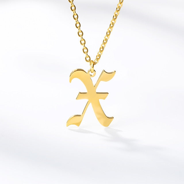 Initial Letter Necklace for Her A-Z Capital Letter Old English Chain Necklace Gold Stainless Steel Necklace for Women