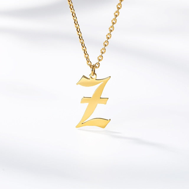Initial Letter Necklace for Her A-Z Capital Letter Old English Chain Necklace Gold Stainless Steel Necklace for Women