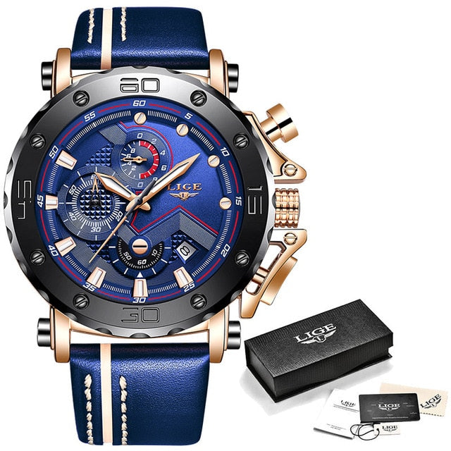 2020LIGE New Fashion Mens Watches Top Brand Luxury Big Dial Military Quartz Watch Leather Waterproof Sport Chronograph Watch Men
