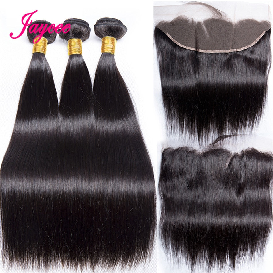 Jaycee Peruvian Straight Hair Bundles With Frontal and Bundles 3 Bundles with Frontal 100% Remy Human Hair Bundles with Frontal