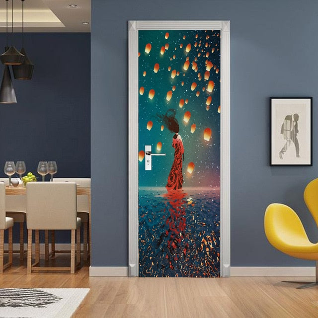 Landscape Door Stickers 3D Removable Vinilos Para Puertas Adhesive Wallpaper Art Murals for Doors Bibliotheque Modern Home Decor