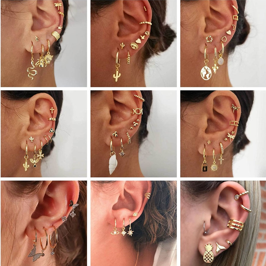 28 Style Punk Gold Color Bird Snake Star Cross Cactus Earrings Set for Women Crystal Geometric Studs Earrings Statement Jewelry