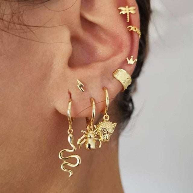 28 Style Punk Gold Color Bird Snake Star Cross Cactus Earrings Set for Women Crystal Geometric Studs Earrings Statement Jewelry