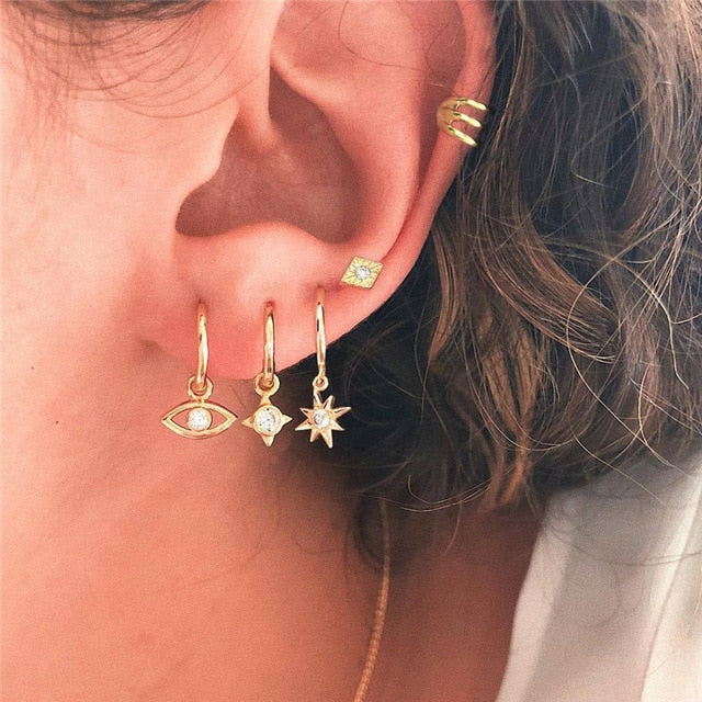 28 Style Punk Gold Color Bird Snake Star Cross Cactus Earrings Set for Women Crystal Geometric Studs Earrings Statement Jewelry