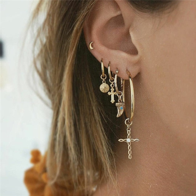 28 Style Punk Gold Color Bird Snake Star Cross Cactus Earrings Set for Women Crystal Geometric Studs Earrings Statement Jewelry