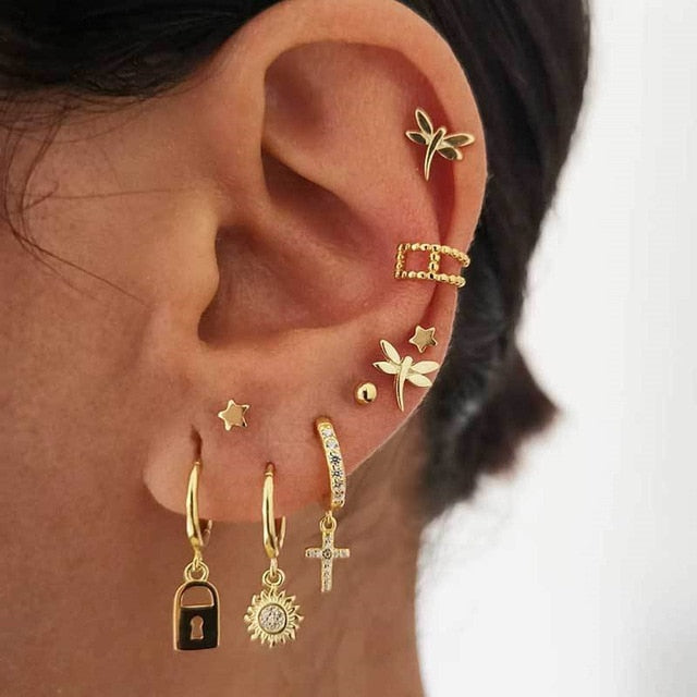 28 Style Punk Gold Color Bird Snake Star Cross Cactus Earrings Set for Women Crystal Geometric Studs Earrings Statement Jewelry