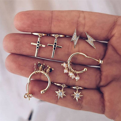 28 Style Punk Gold Color Bird Snake Star Cross Cactus Earrings Set for Women Crystal Geometric Studs Earrings Statement Jewelry