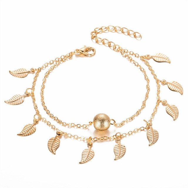 Bohemian Double Layer Beads Ankle Bracelet for Women Leg Chain Leafs Tassel Anklet Summer Beach Foot Jewelry Accessories