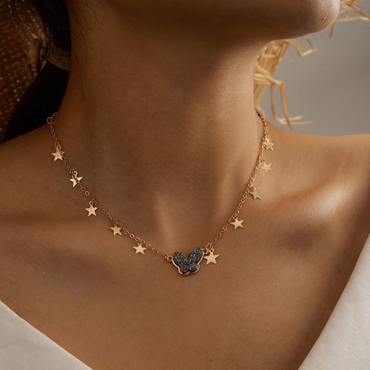 Korean Colorful Butterfly Pandant Necklace Fake Pearl / Star Tassel Sweet Simple Clavicle Chain Necklace Female Jewelry Fashion