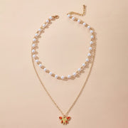 Korean Colorful Butterfly Pandant Necklace Fake Pearl / Star Tassel Sweet Simple Clavicle Chain Necklace Female Jewelry Fashion