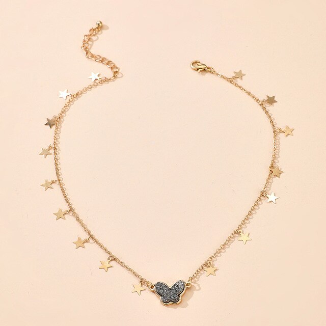 Korean Colorful Butterfly Pandant Necklace Fake Pearl / Star Tassel Sweet Simple Clavicle Chain Necklace Female Jewelry Fashion