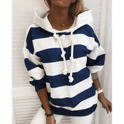 Casual Pullover Women Autumn Winter Sweatsuit Long Sleeve Stripe Hoodies Drawstring Women Blouse Hooded Sweatshirt