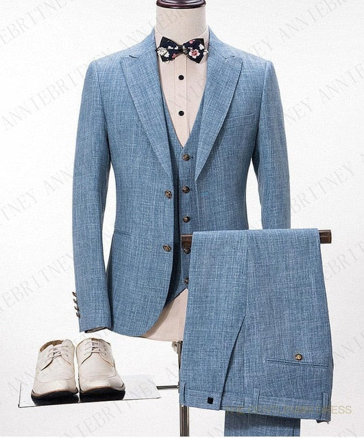 2020 Blue Mens Suits Casual Linen Beach Groom Wedding Suits Tuxedo Tailored Big Size Summer Suits for Men Jacket Pants 3 pieces