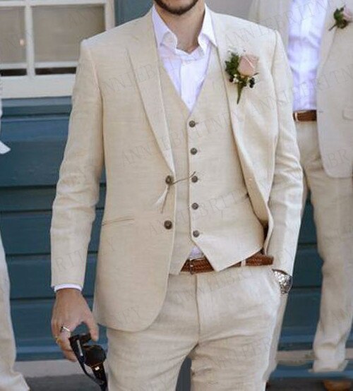 2020 Blue Mens Suits Casual Linen Beach Groom Wedding Suits Tuxedo Tailored Big Size Summer Suits for Men Jacket Pants 3 pieces