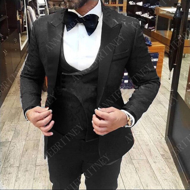 Slim Wedding Suits for Men white Jacquard ANNIEBRITNEY Men's Suits Groom Tuxedos Tailored Big Size Prom Jacket Pants Vest 3Pcs