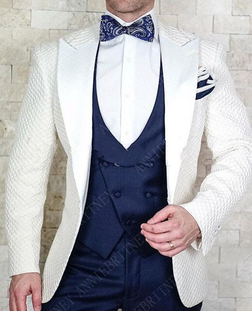 Slim Wedding Suits for Men white Jacquard ANNIEBRITNEY Men's Suits Groom Tuxedos Tailored Big Size Prom Jacket Pants Vest 3Pcs