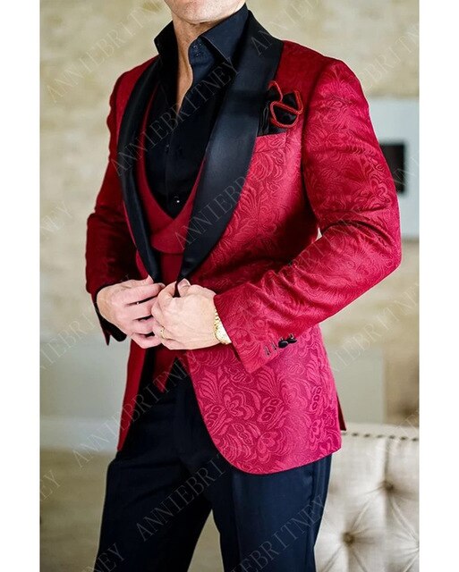Slim Wedding Suits for Men white Jacquard ANNIEBRITNEY Men's Suits Groom Tuxedos Tailored Big Size Prom Jacket Pants Vest 3Pcs