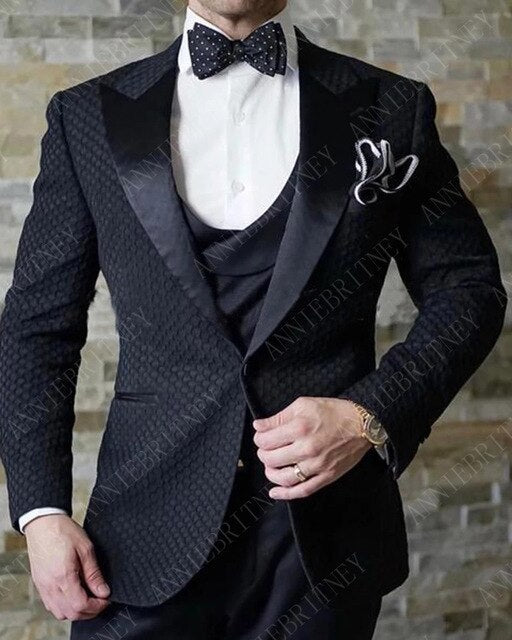 Slim Wedding Suits for Men white Jacquard ANNIEBRITNEY Men's Suits Groom Tuxedos Tailored Big Size Prom Jacket Pants Vest 3Pcs